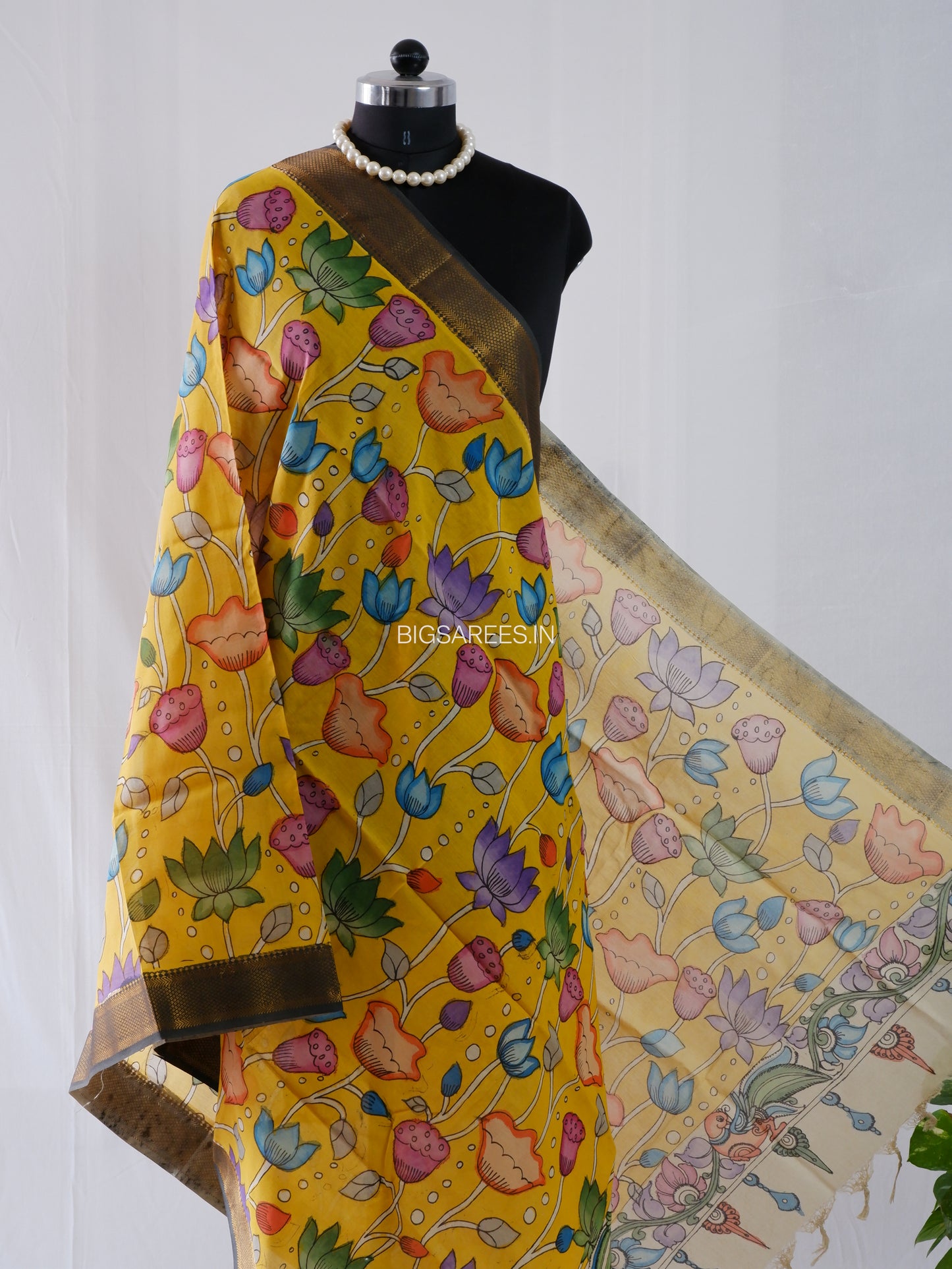 Pen Kalamkari Hand Painted Bangalore Silk Dupatta | Yellow |