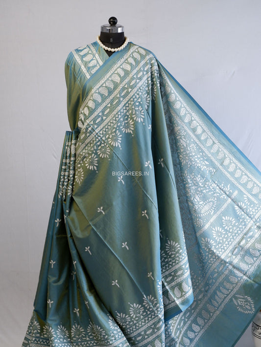 Kantha Stitch Hand Embroidered Saree | Blended Bangalore Silk / Art Silk | Blue (Dual Tone)