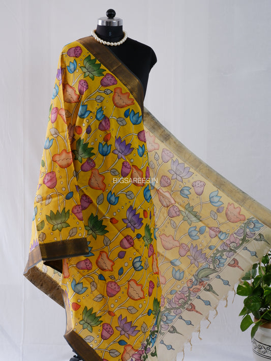 Pen Kalamkari Hand Painted Bangalore Silk Dupatta | Yellow |