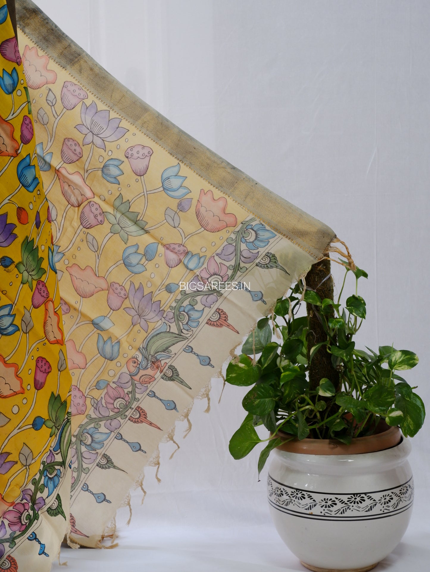 Pen Kalamkari Hand Painted Bangalore Silk Dupatta | Yellow |