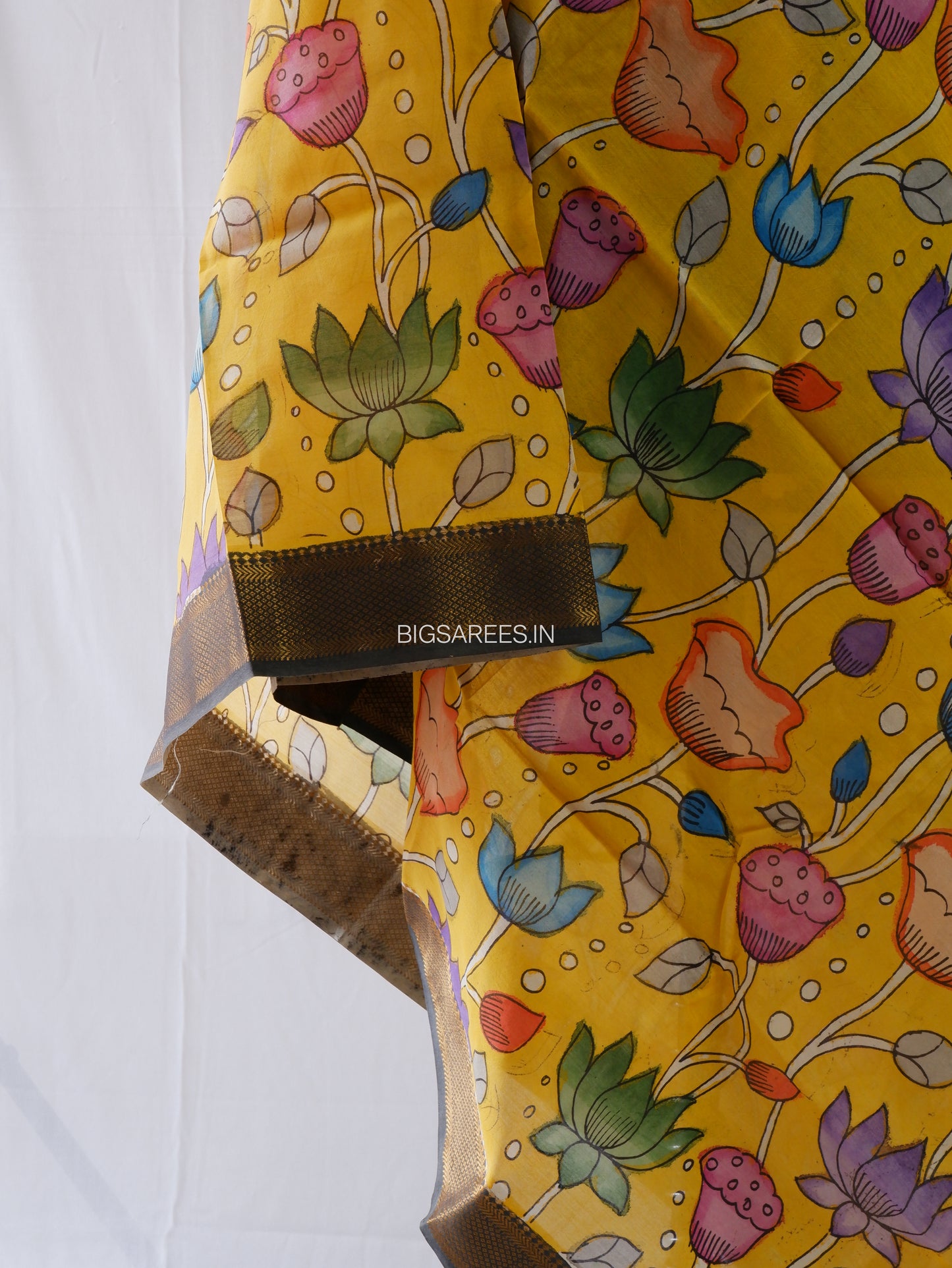 Pen Kalamkari Hand Painted Bangalore Silk Dupatta | Yellow |