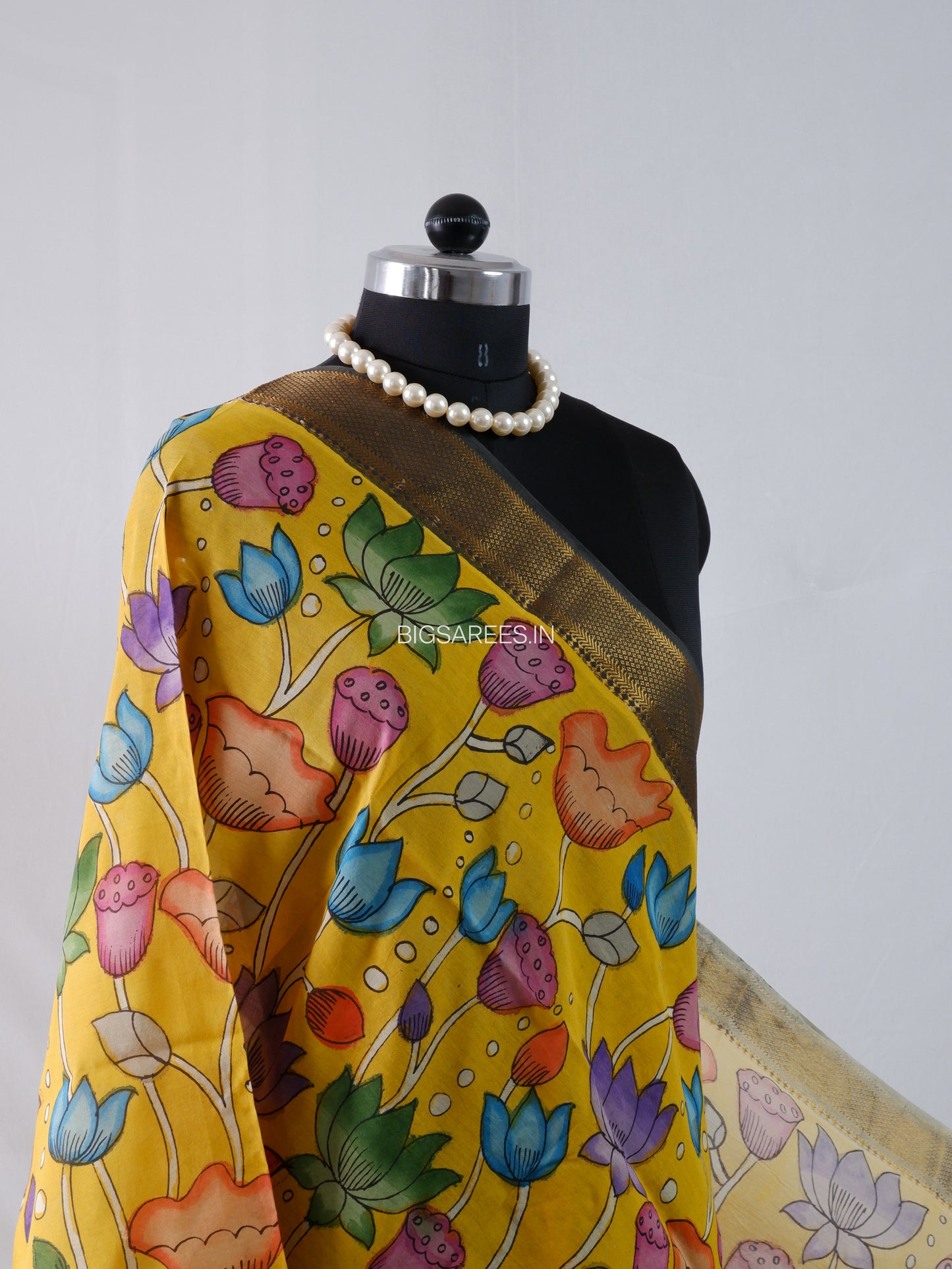 Pen Kalamkari Hand Painted Bangalore Silk Dupatta | Yellow |