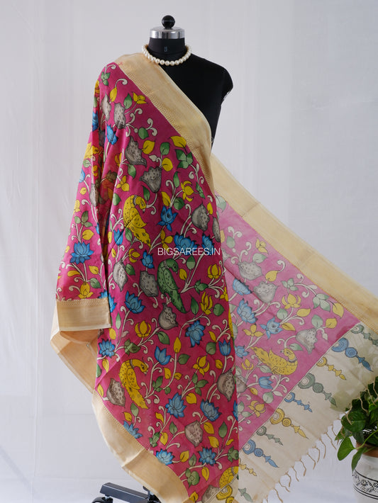 Pen Kalamkari Hand Painted Bangalore Silk Dupatta | Deep Maroon |