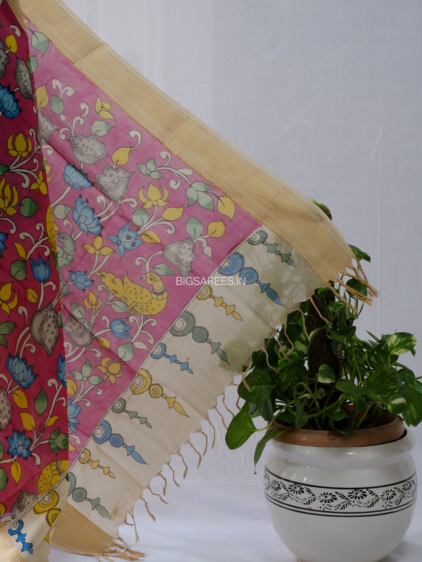Pen Kalamkari Hand Painted Bangalore Silk Dupatta | Deep Maroon |