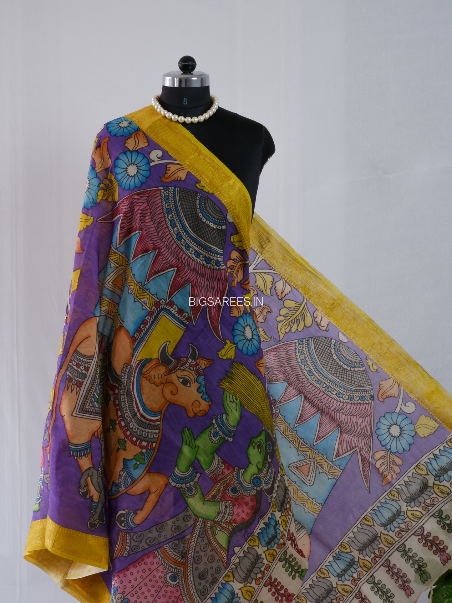 Pen Kalamkari Hand Painted Bangalore Silk Dupatta | Violet |