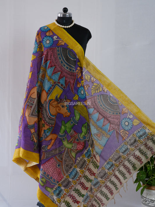 Pen Kalamkari Hand Painted Bangalore Silk Dupatta | Violet |