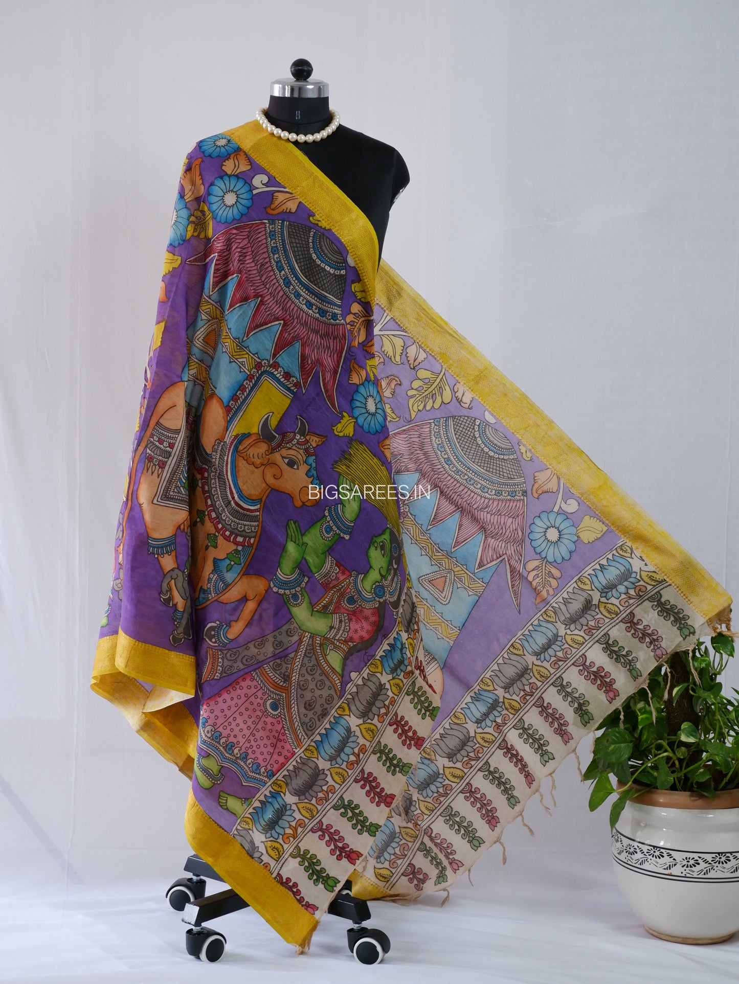 Pen Kalamkari Hand Painted Bangalore Silk Dupatta | Violet |