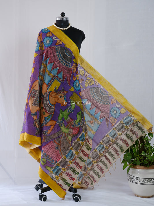 Pen Kalamkari Hand Painted Bangalore Silk Dupatta | Violet |
