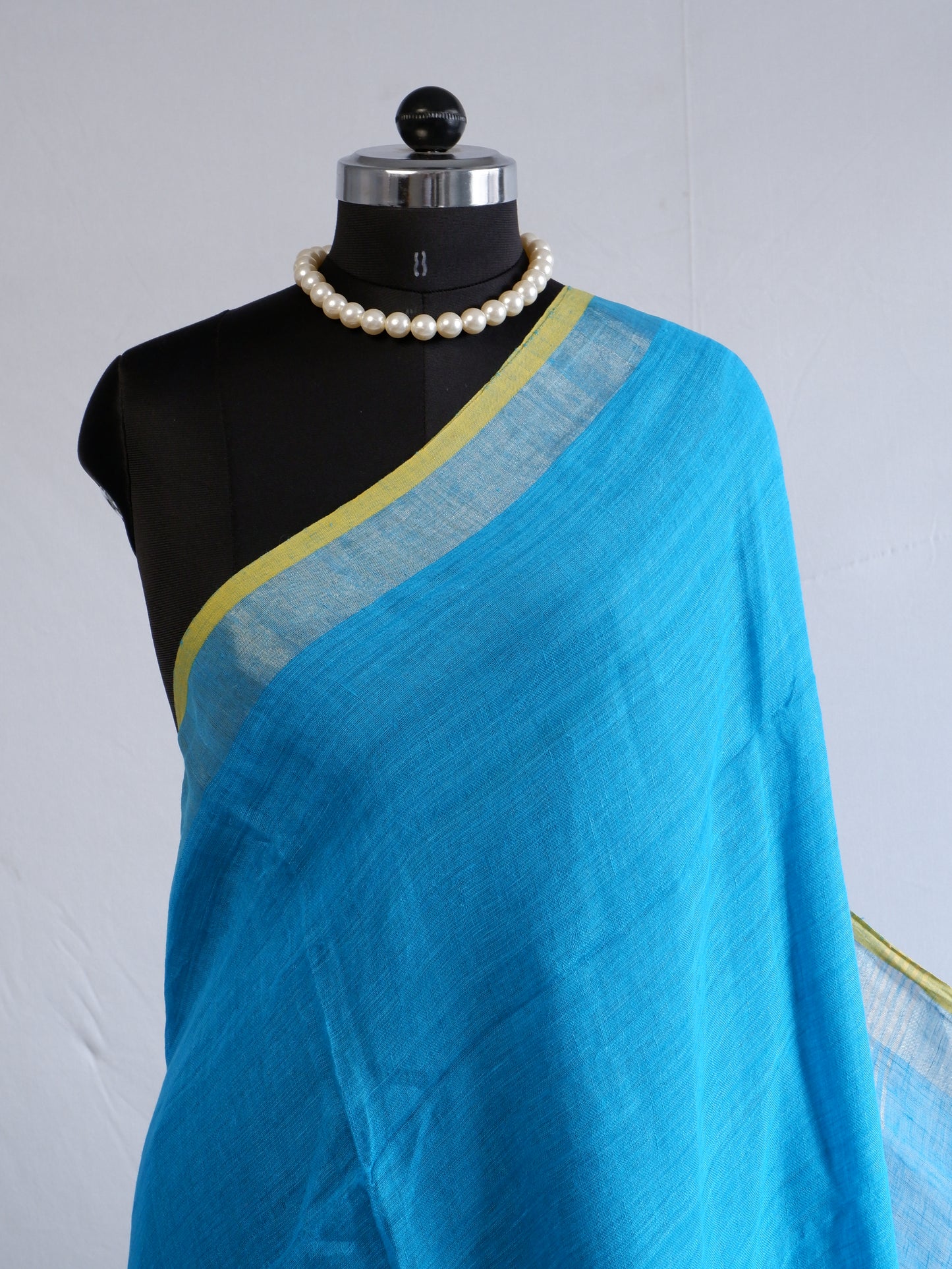 Pure Jayshree Linen Saree | Plain | Blue (Yellow Border)