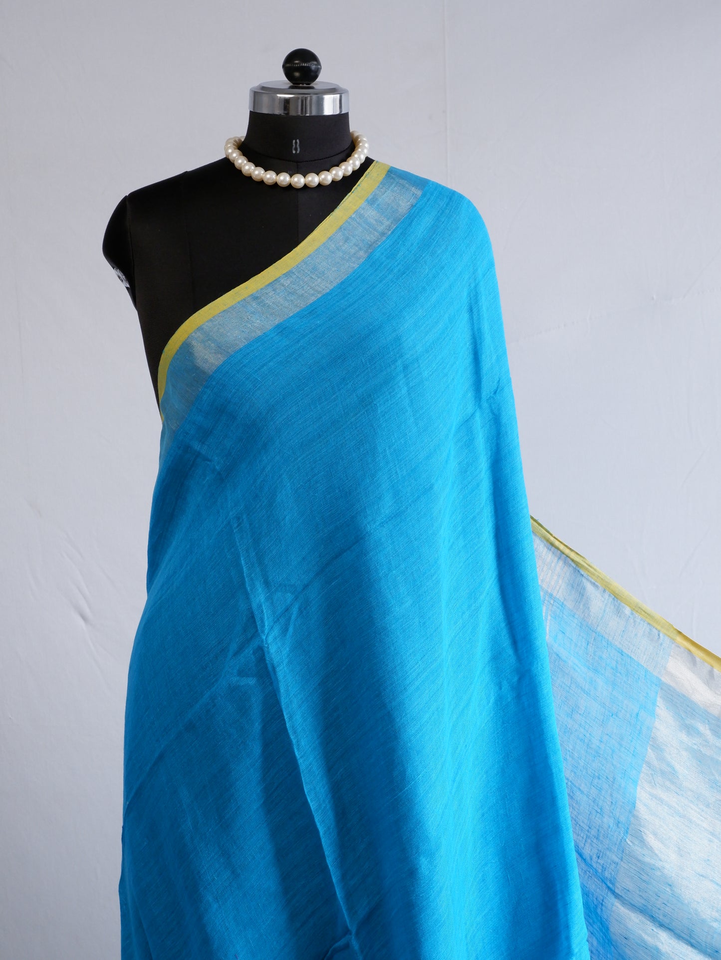 Pure Jayshree Linen Saree | Plain | Blue (Yellow Border)