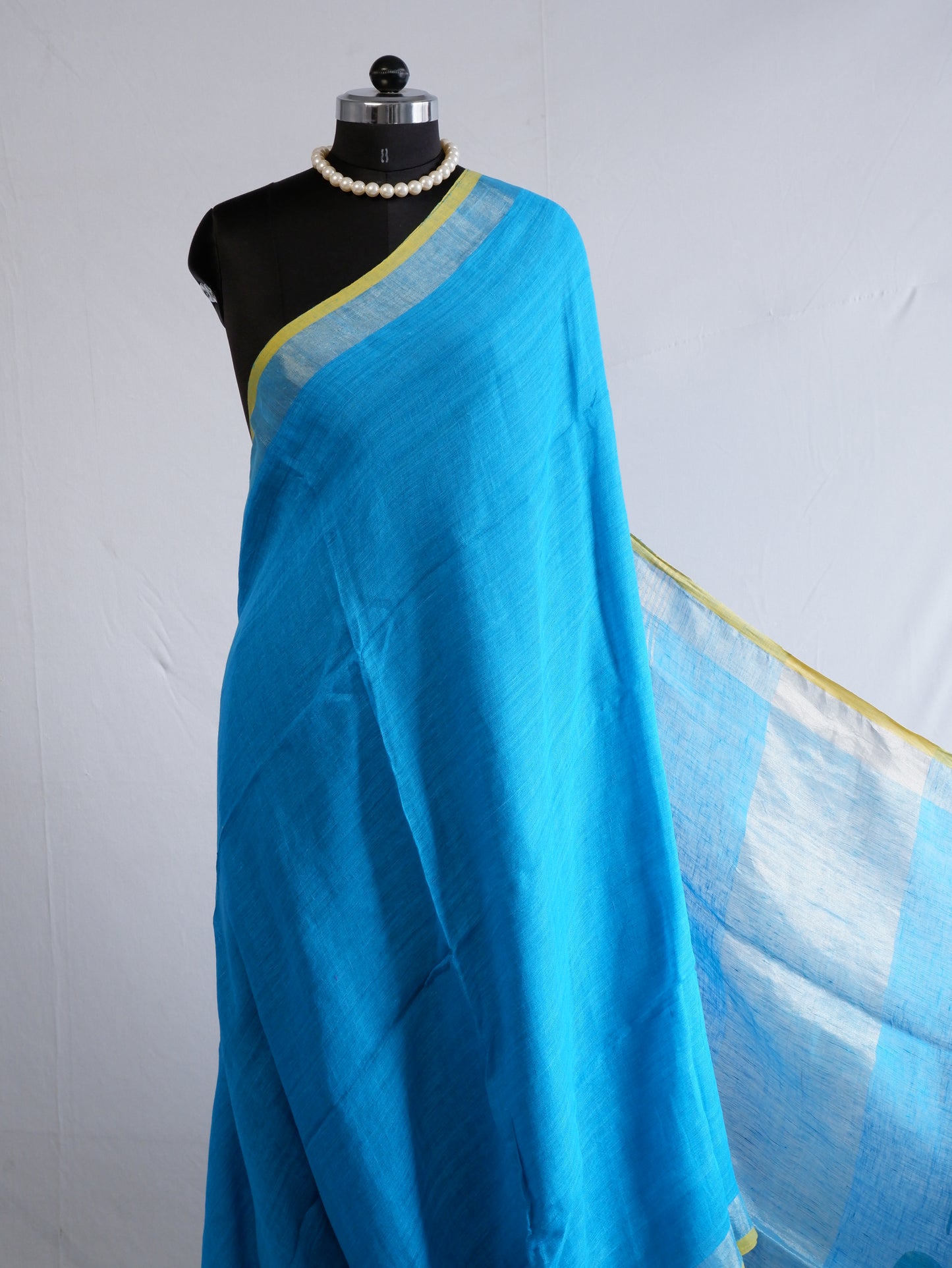 Pure Jayshree Linen Saree | Plain | Blue (Yellow Border)