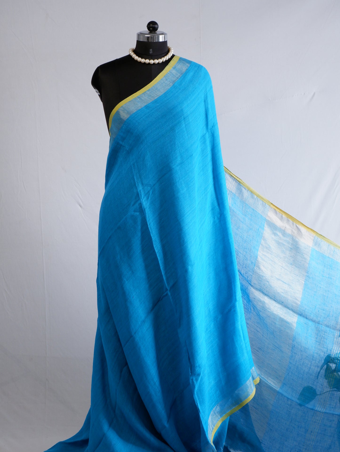 Pure Jayshree Linen Saree | Plain | Blue (Yellow Border)