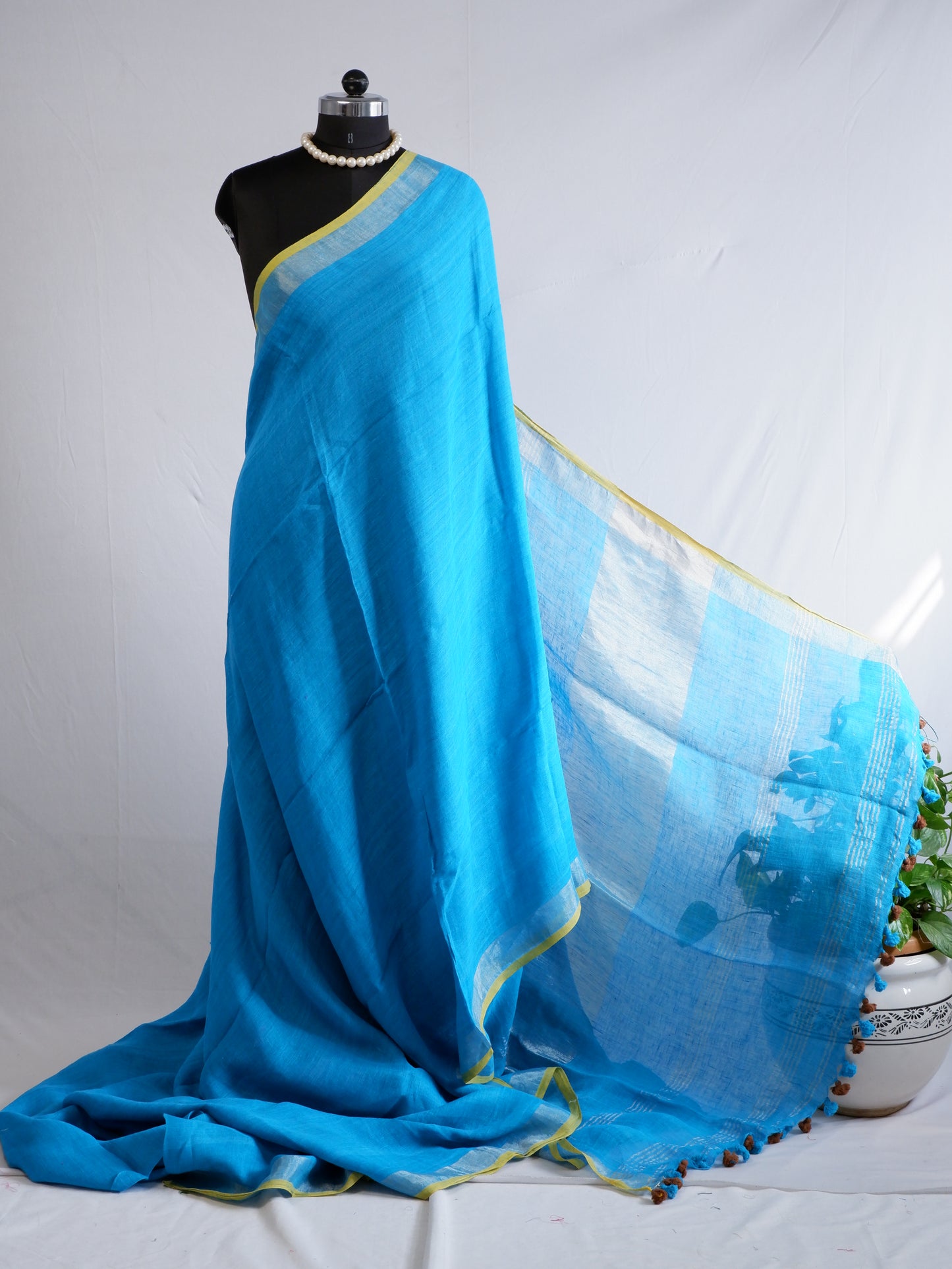 Pure Jayshree Linen Saree | Plain | Blue (Yellow Border)