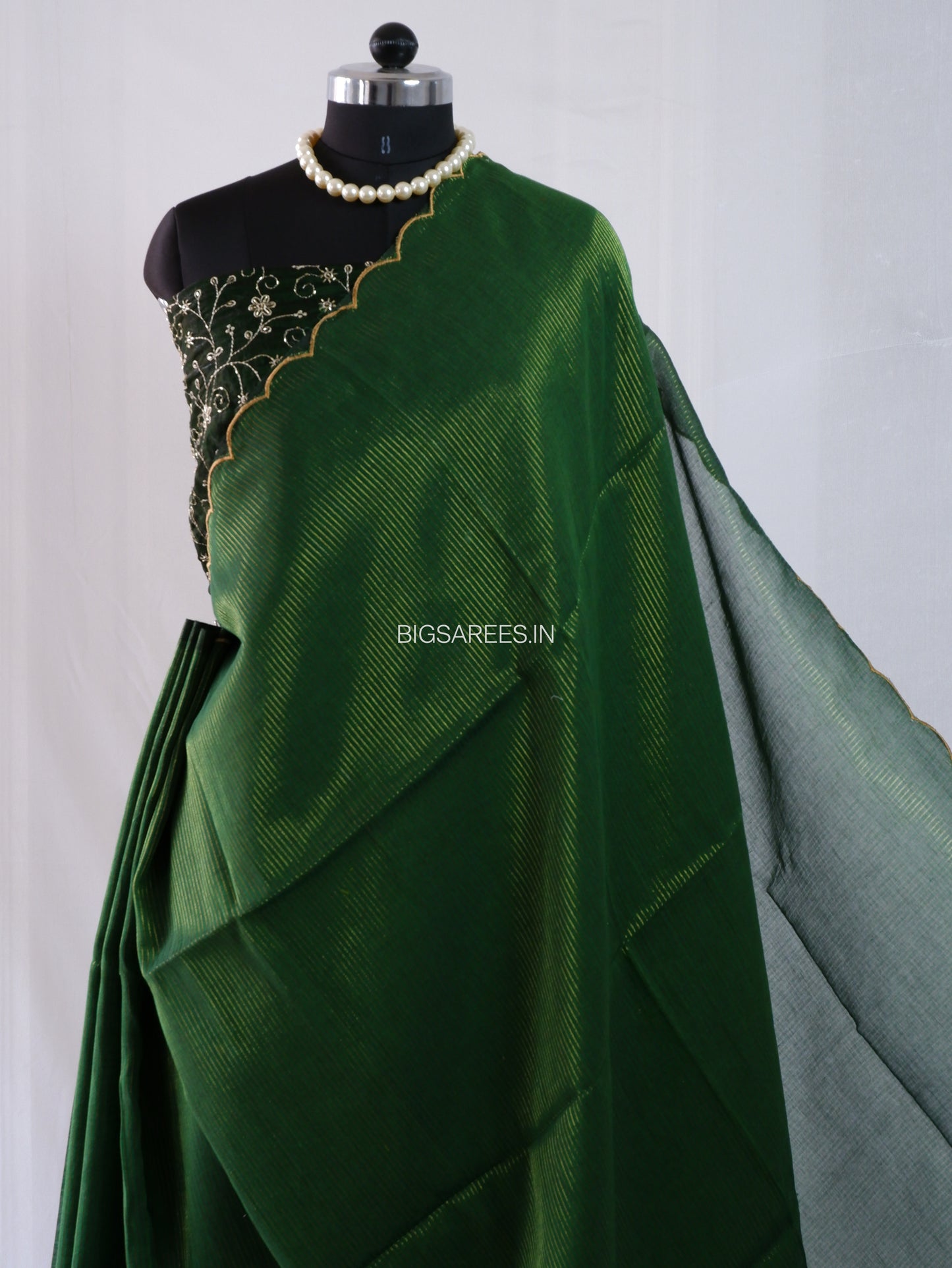 Mul Cotton Saree With Blouse | Gold Stripes | Forest Green
