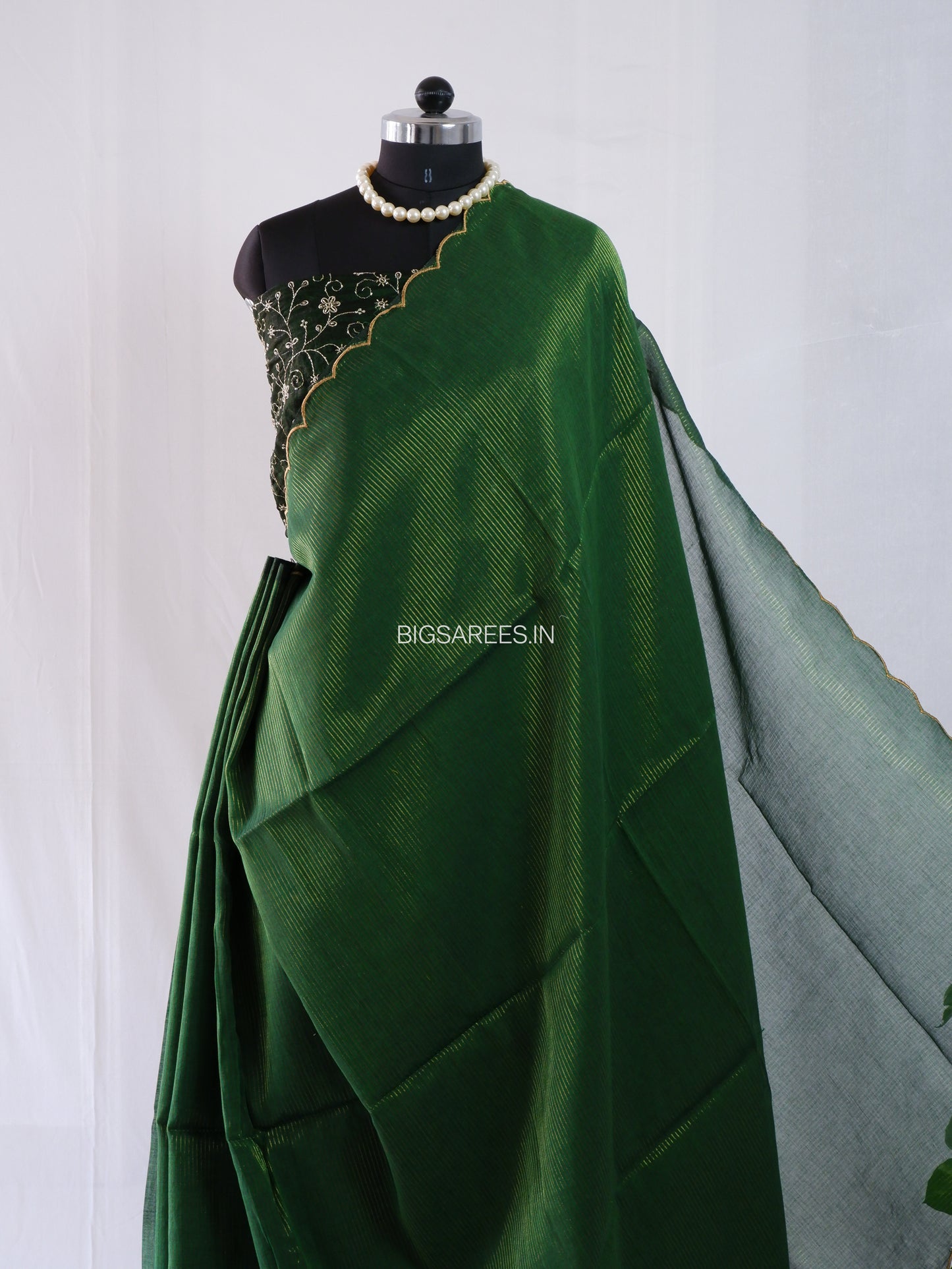 Mul Cotton Saree With Blouse | Gold Stripes | Forest Green