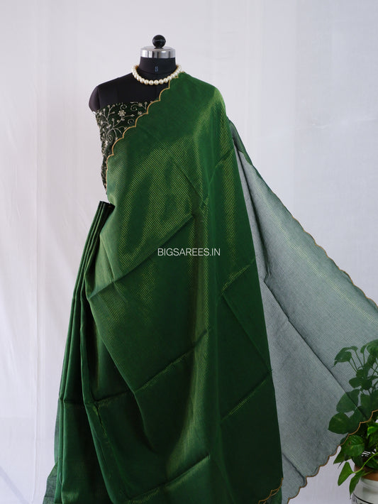 Mul Cotton Saree With Blouse | Gold Stripes | Forest Green