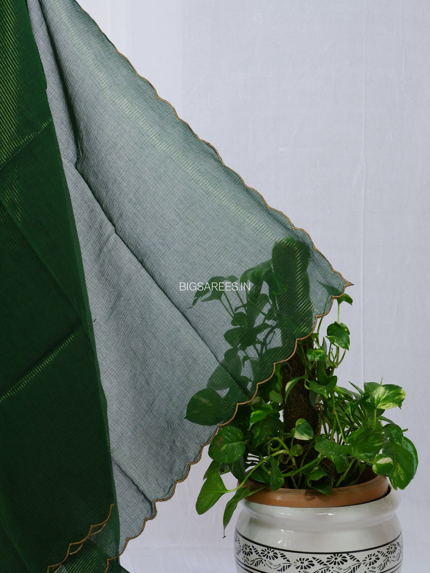 Mul Cotton Saree With Blouse | Gold Stripes | Forest Green