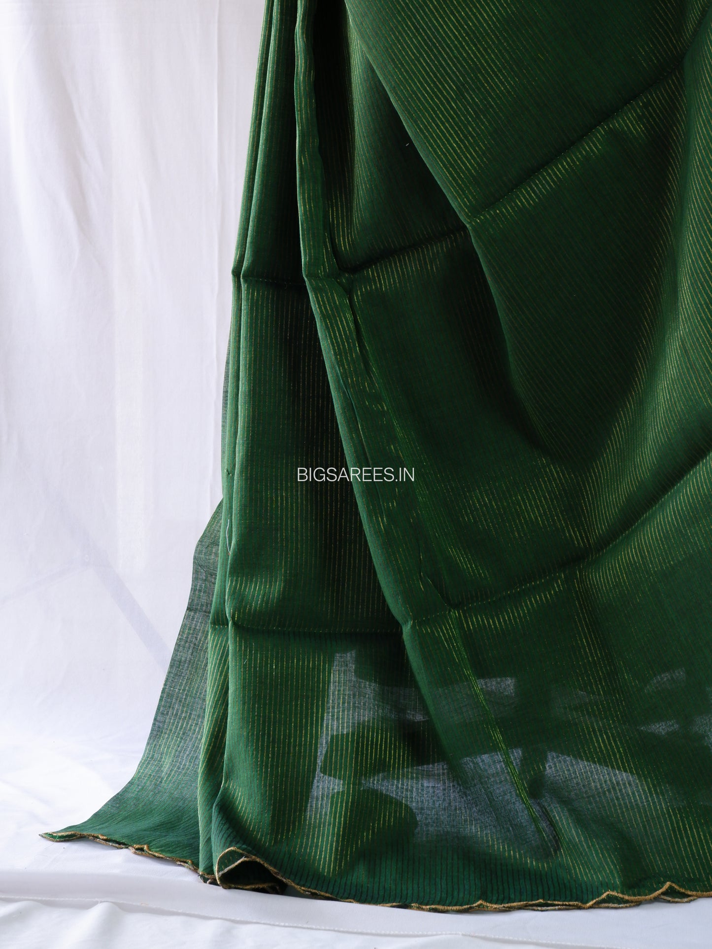 Mul Cotton Saree With Blouse | Gold Stripes | Forest Green
