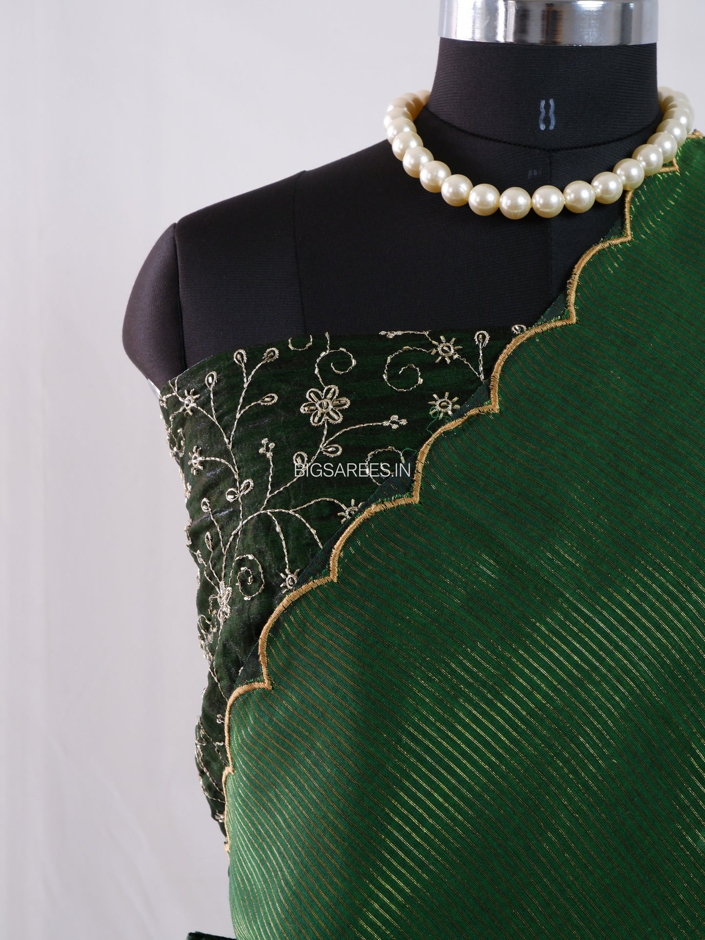 Mul Cotton Saree With Blouse | Gold Stripes | Forest Green