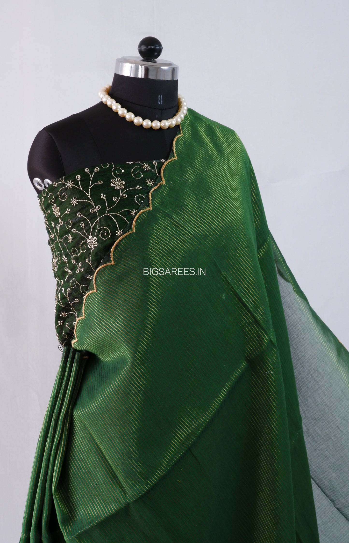 Mul Cotton Saree With Blouse | Gold Stripes | Forest Green