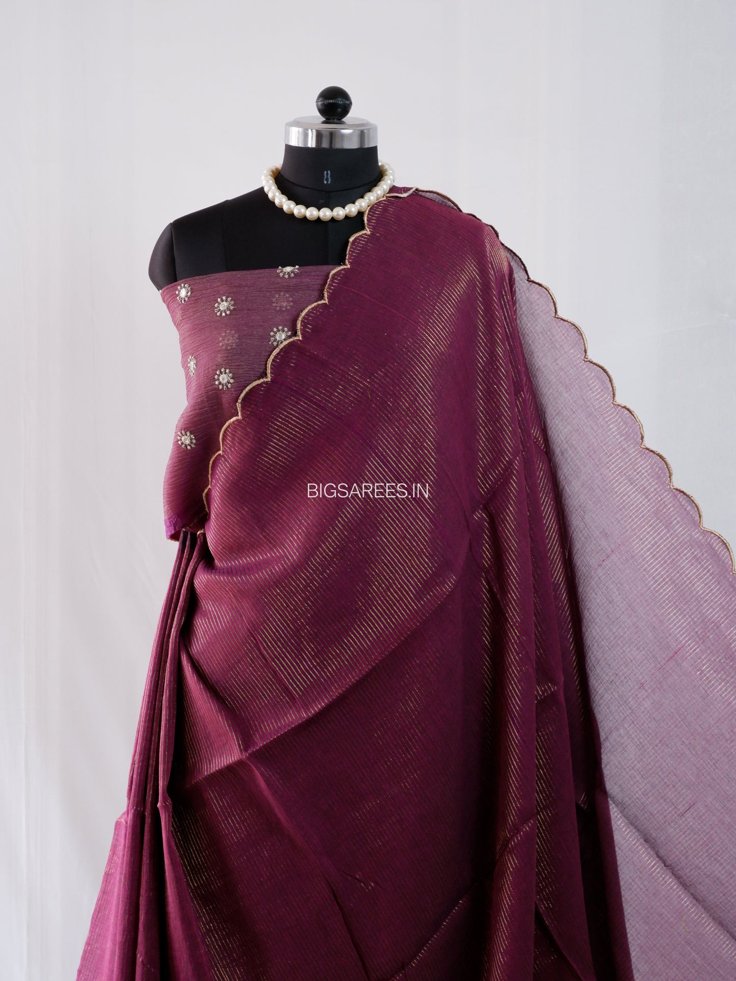 Mul Cotton Saree With Blouse | Gold Stripes | Wine
