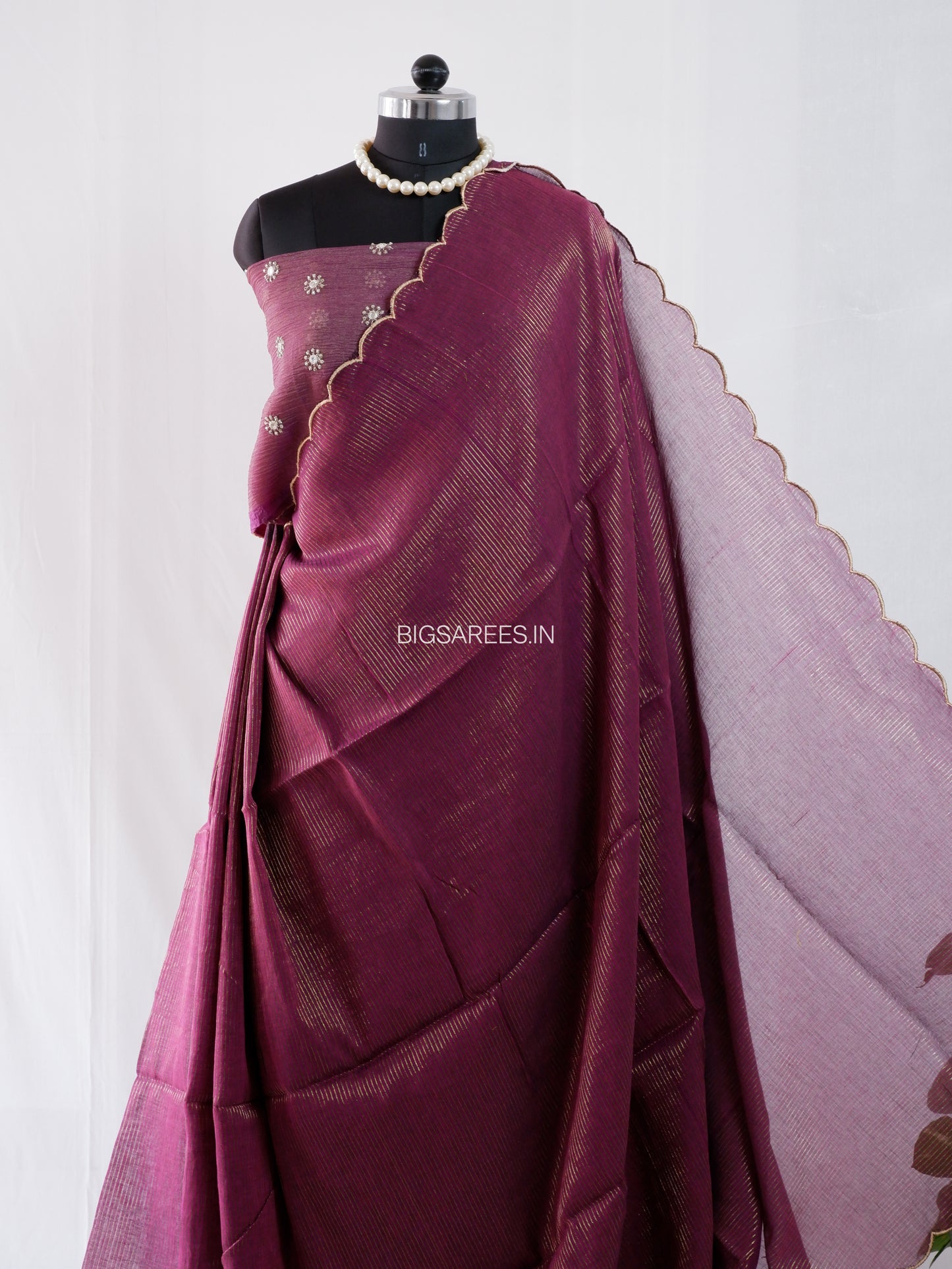 Mul Cotton Saree With Blouse | Gold Stripes | Wine