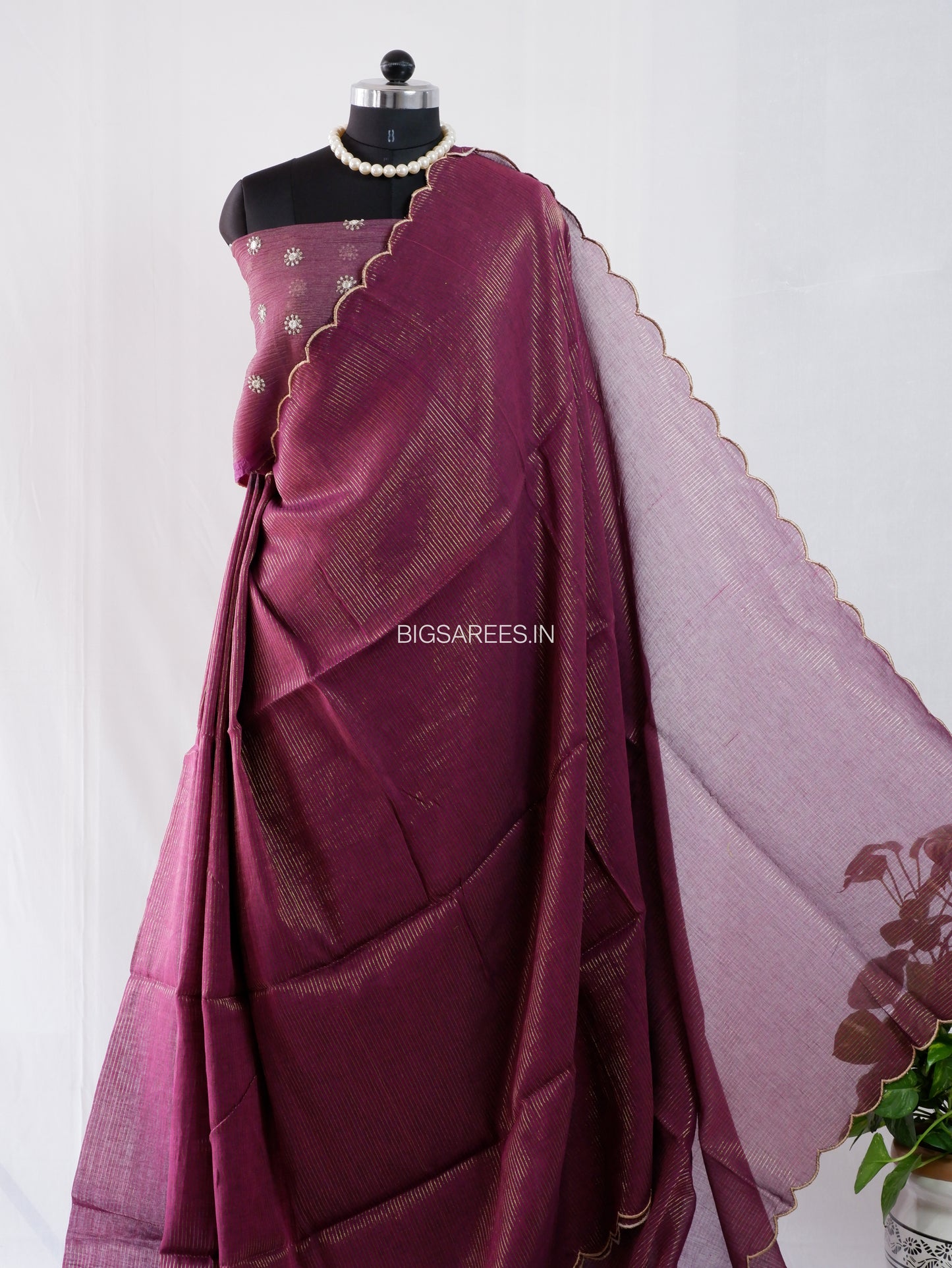 Mul Cotton Saree With Blouse | Gold Stripes | Wine