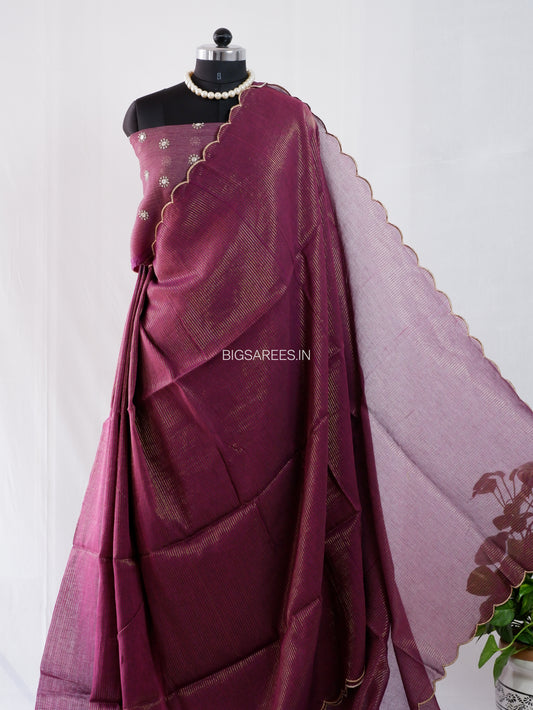 Mul Cotton Saree With Blouse | Gold Stripes | Wine