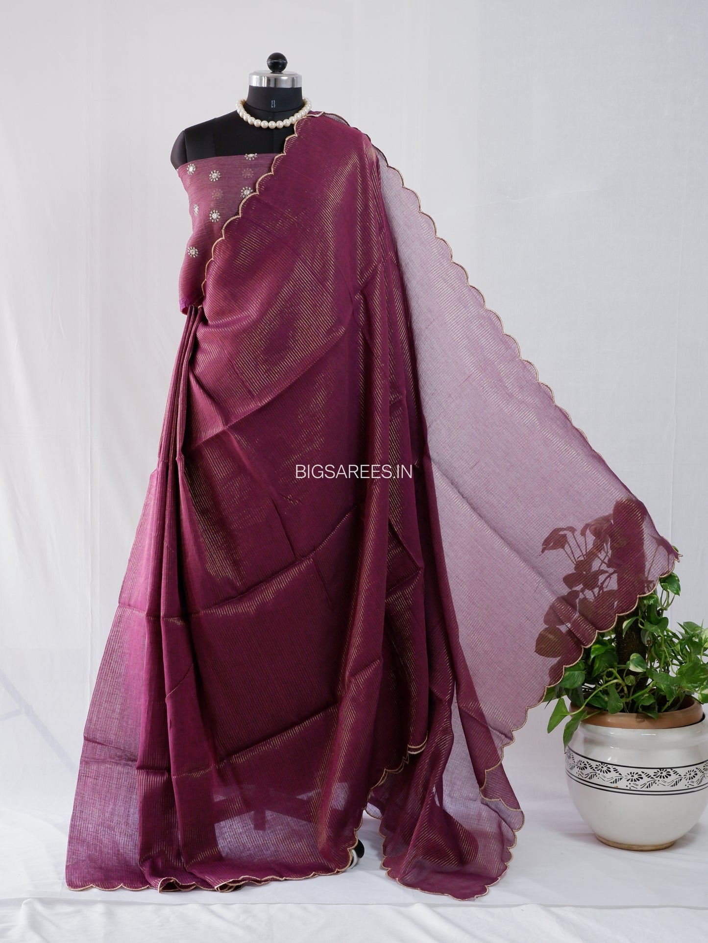 Mul Cotton Saree With Blouse | Gold Stripes | Wine