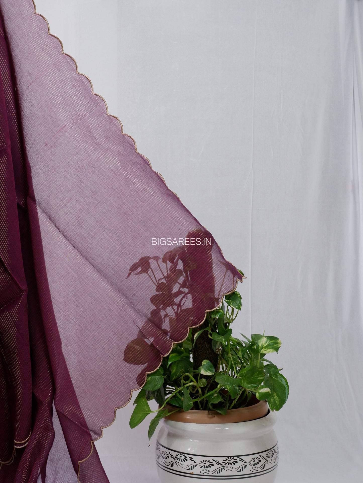 Mul Cotton Saree With Blouse | Gold Stripes | Wine