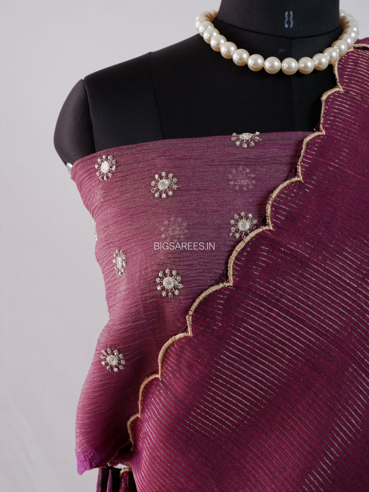 Mul Cotton Saree With Blouse | Gold Stripes | Wine