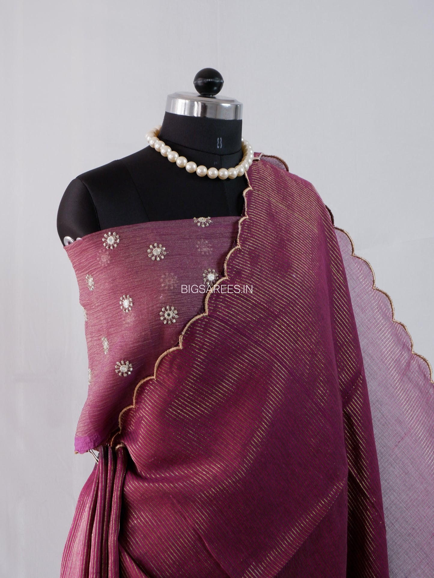 Mul Cotton Saree With Blouse | Gold Stripes | Wine