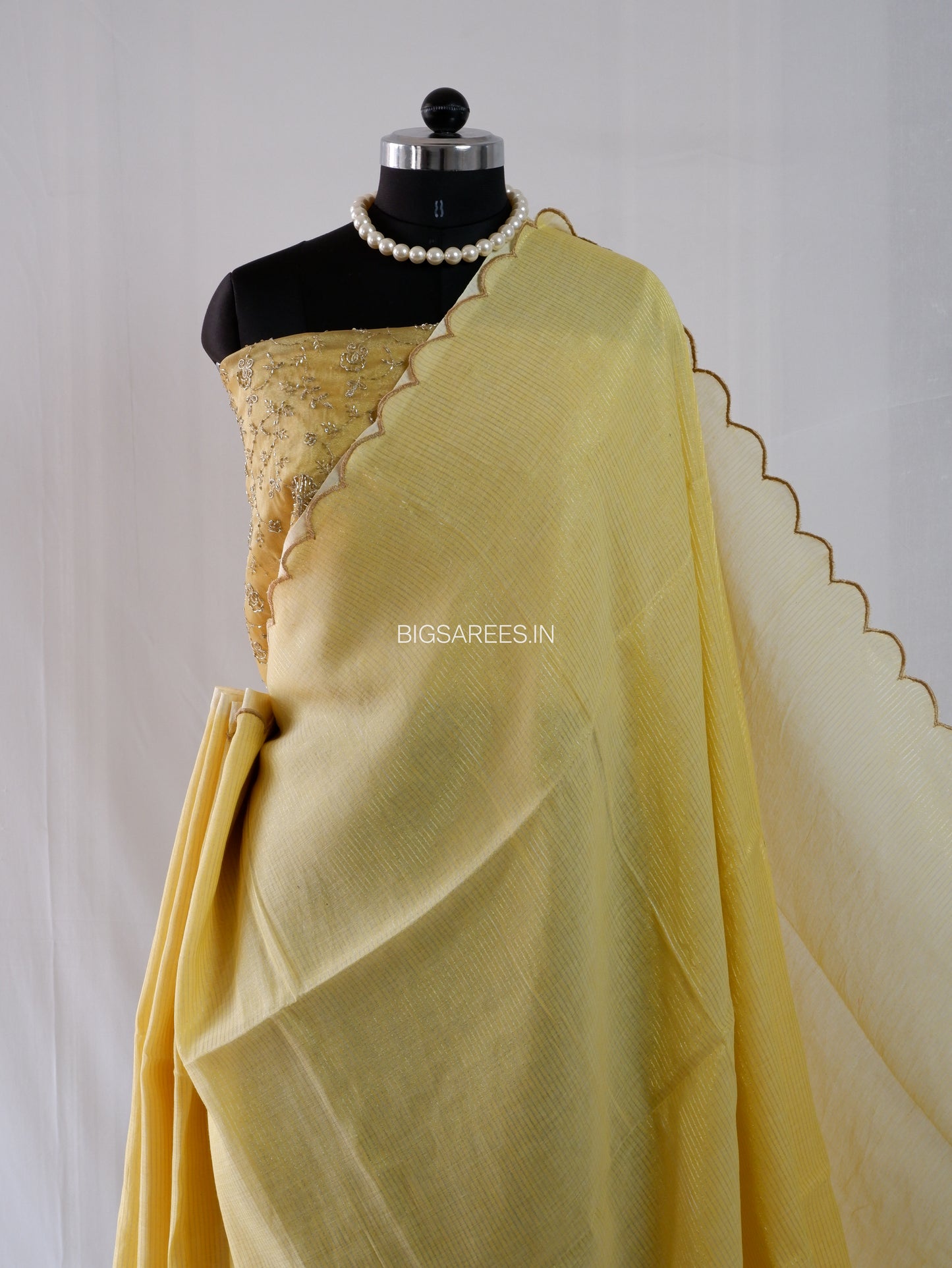 Mul Cotton Saree With Blouse | Gold Stripes | Yellow