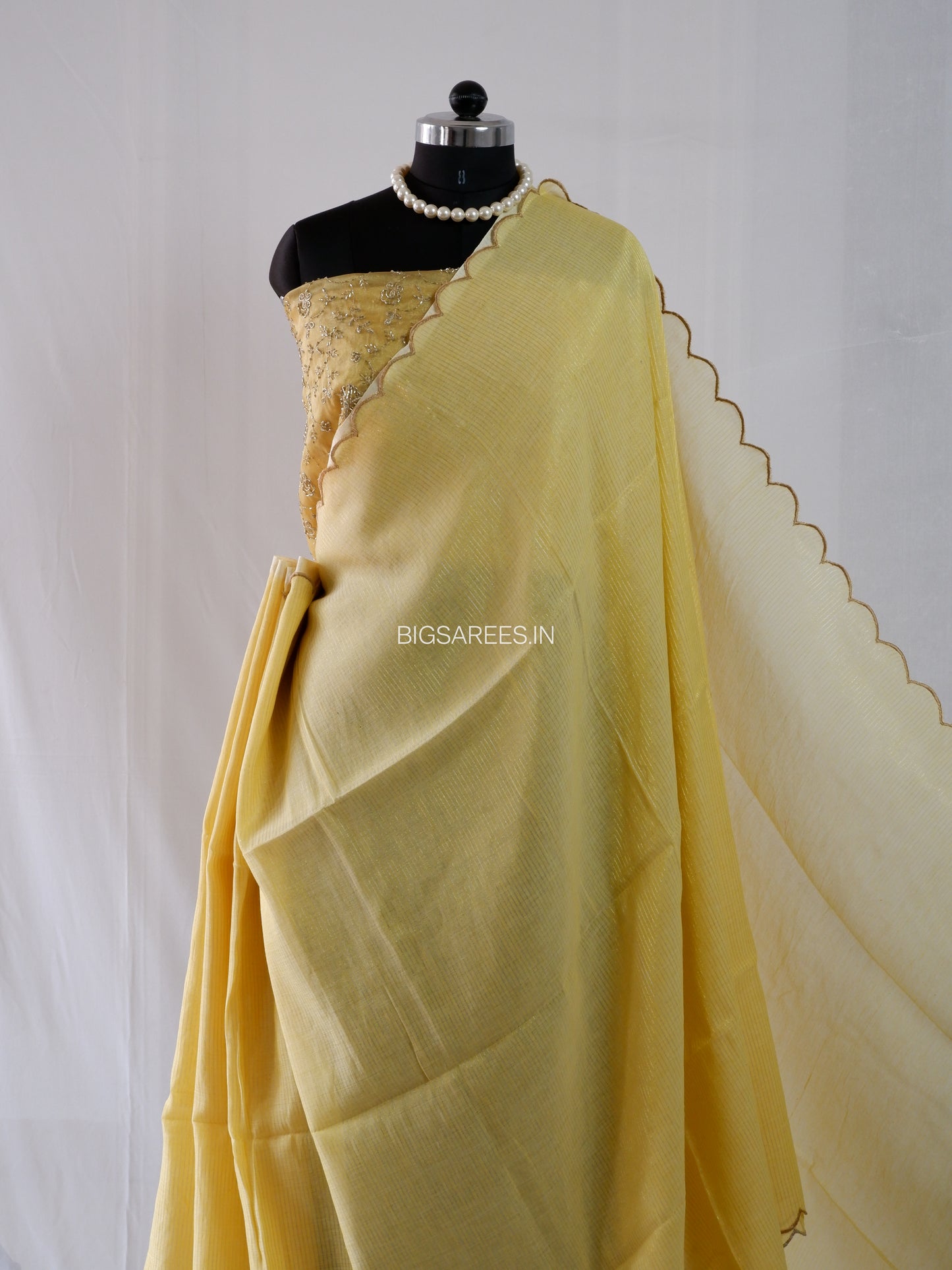 Mul Cotton Saree With Blouse | Gold Stripes | Yellow