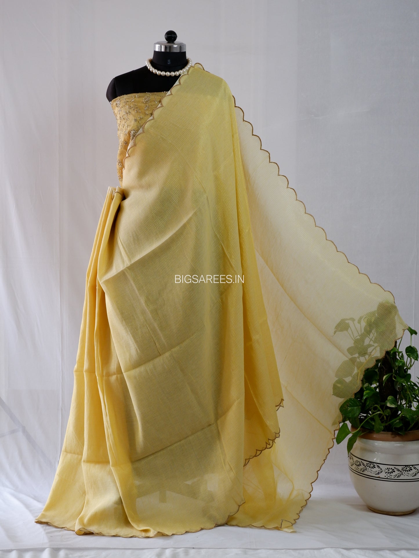 Mul Cotton Saree With Blouse | Gold Stripes | Yellow