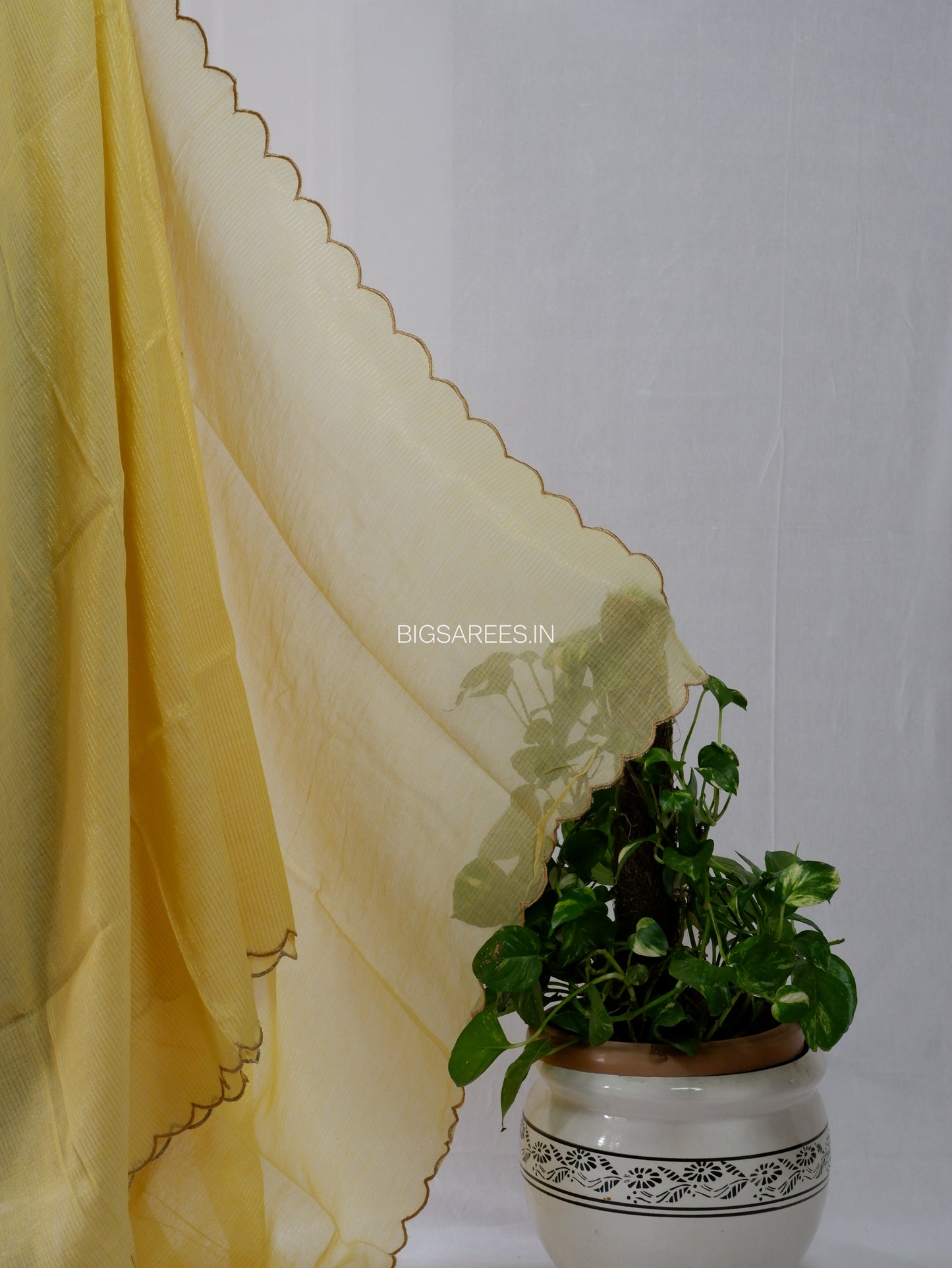 Mul Cotton Saree With Blouse | Gold Stripes | Yellow