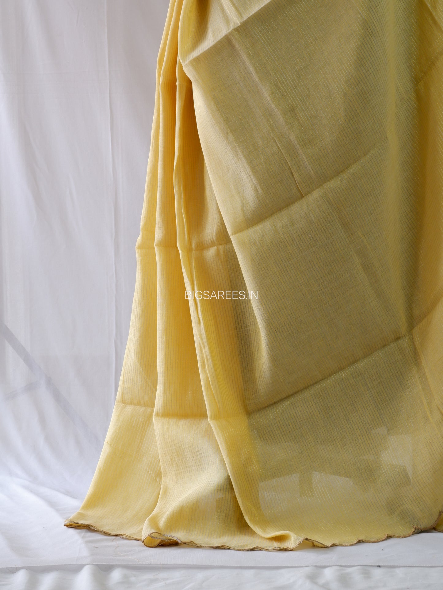 Mul Cotton Saree With Blouse | Gold Stripes | Yellow