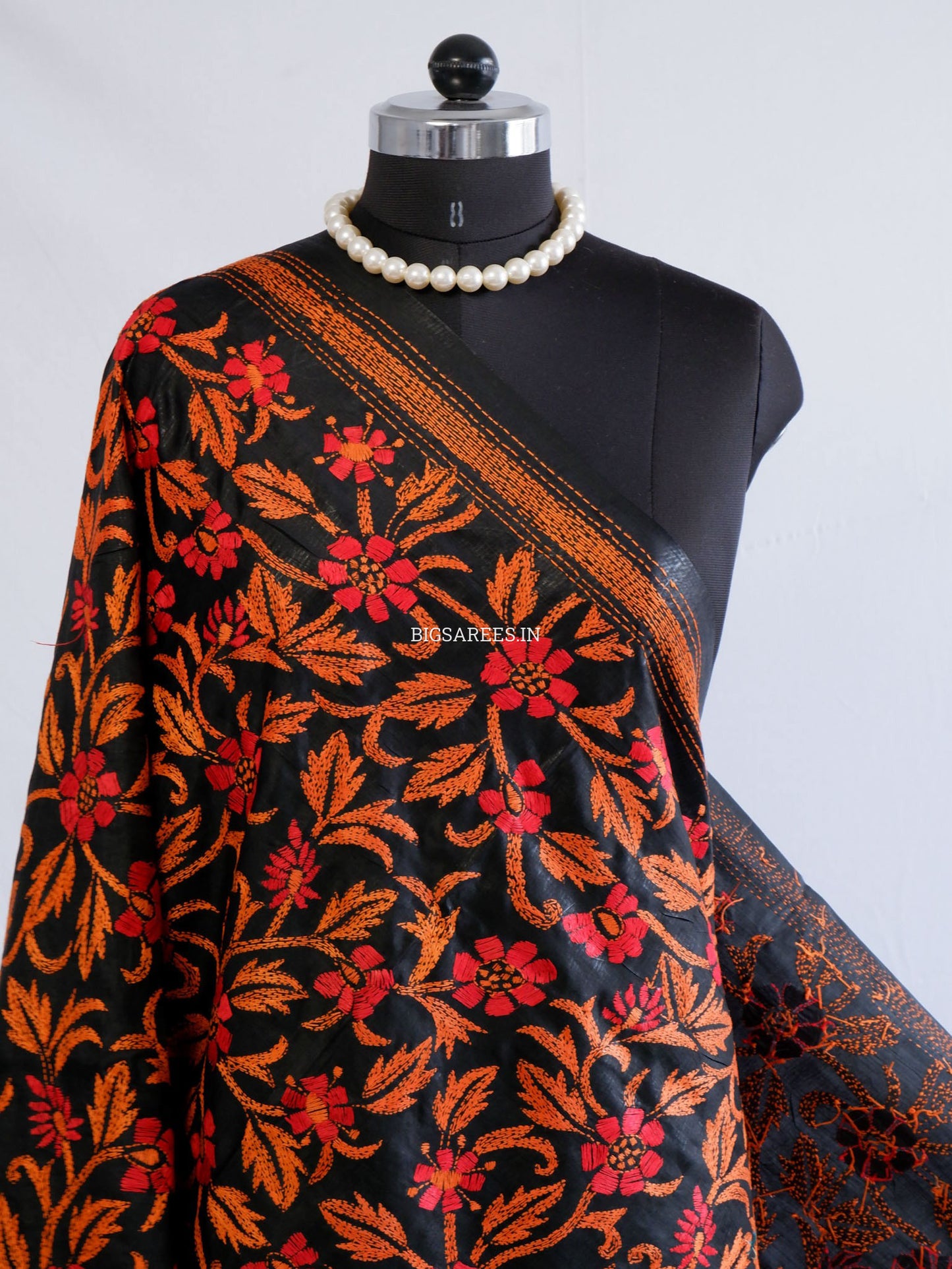 Kantha Hand-Embroidered Dupatta | Pure Bangalore Silk | Silk Marked | Black
