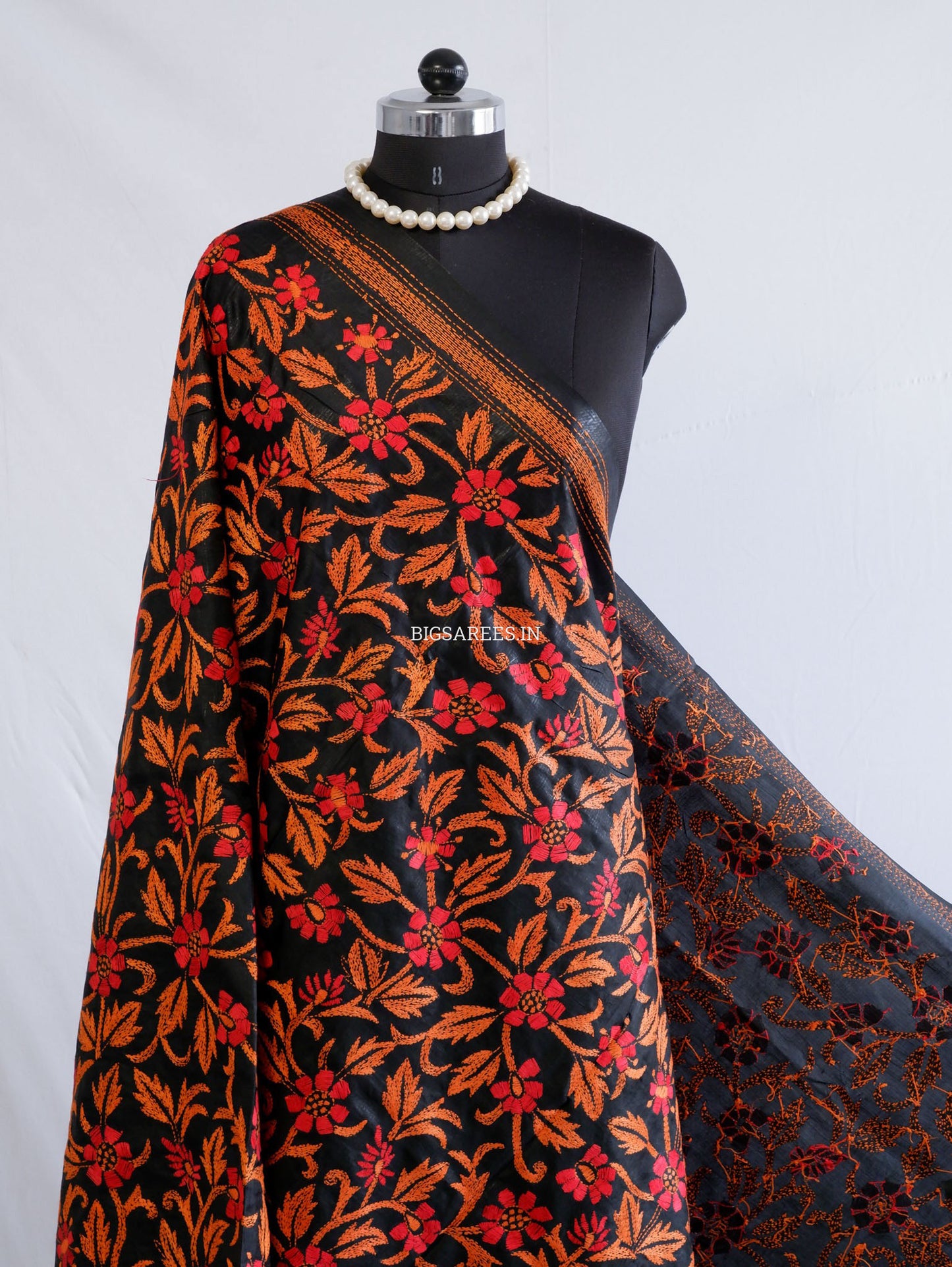 Kantha Hand-Embroidered Dupatta | Pure Bangalore Silk | Silk Marked | Black