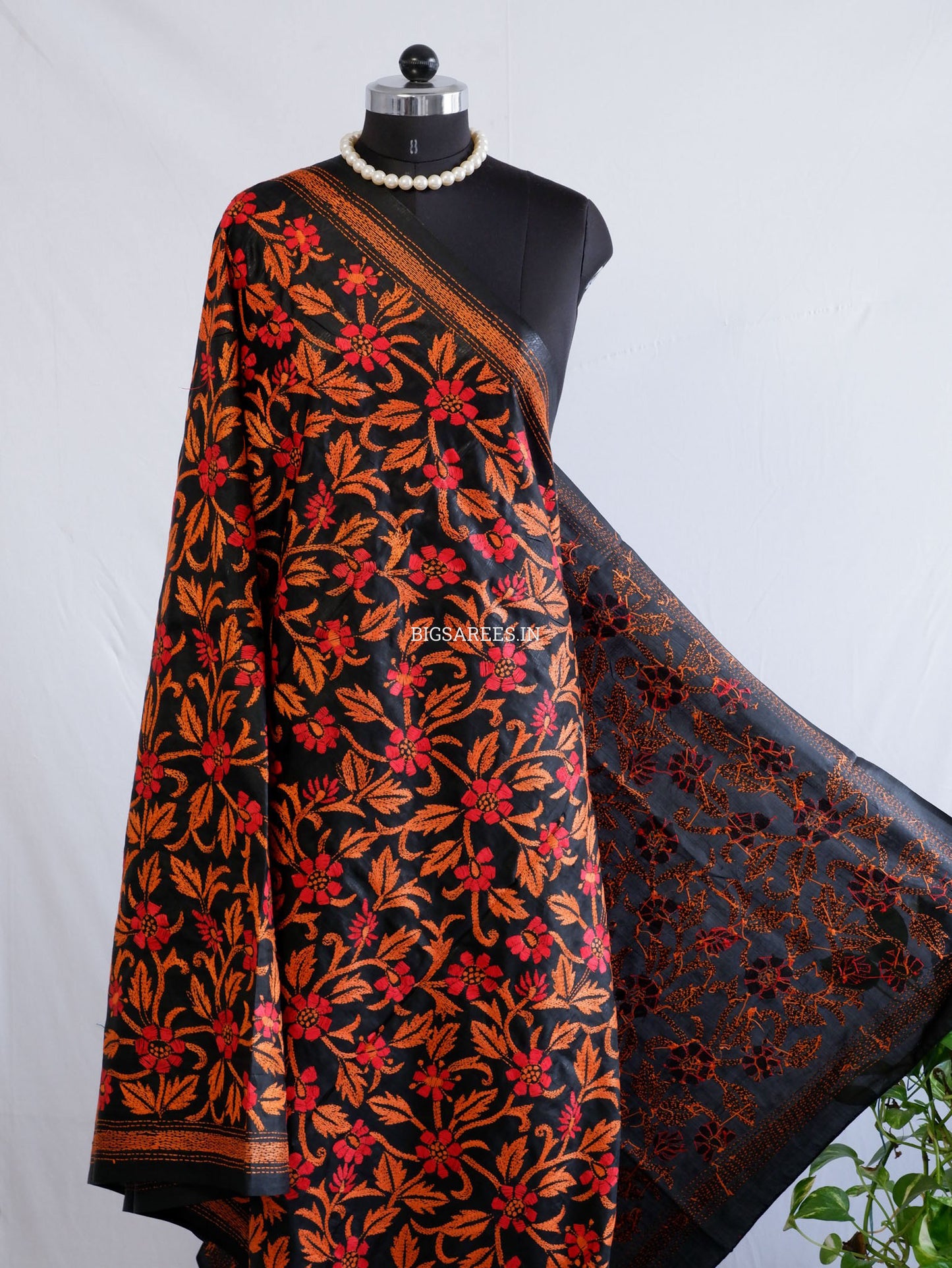 Kantha Hand-Embroidered Dupatta | Pure Bangalore Silk | Silk Marked | Black