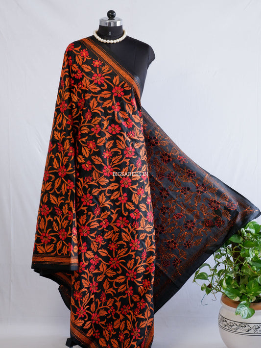 Kantha Hand-Embroidered Dupatta | Pure Bangalore Silk | Silk Marked | Black