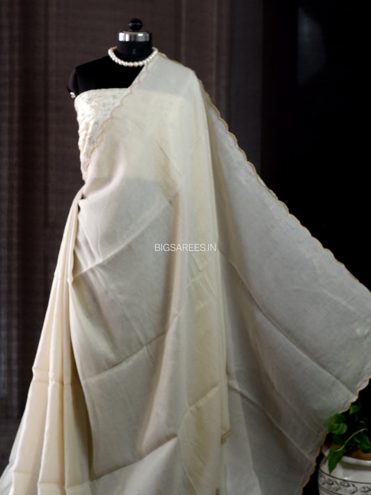 Mul Cotton Saree With Blouse | Gold Stripes | Cream