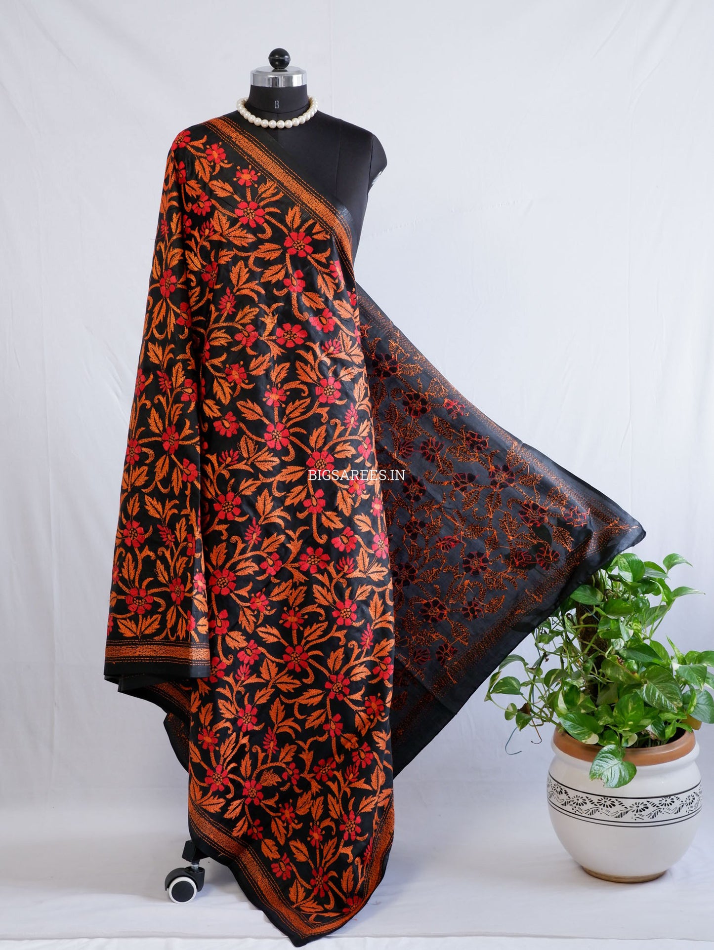Kantha Hand-Embroidered Dupatta | Pure Bangalore Silk | Silk Marked | Black