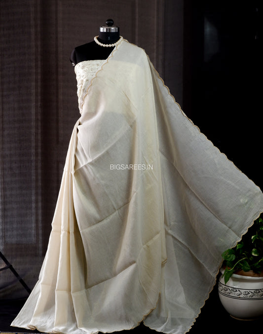 Mul Cotton Saree With Blouse | Gold Stripes | Cream