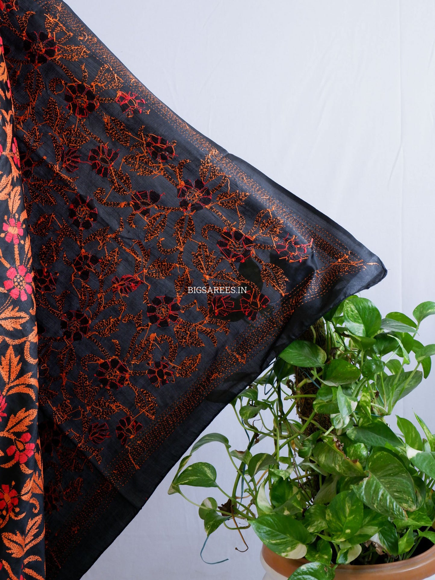 Kantha Hand-Embroidered Dupatta | Pure Bangalore Silk | Silk Marked | Black