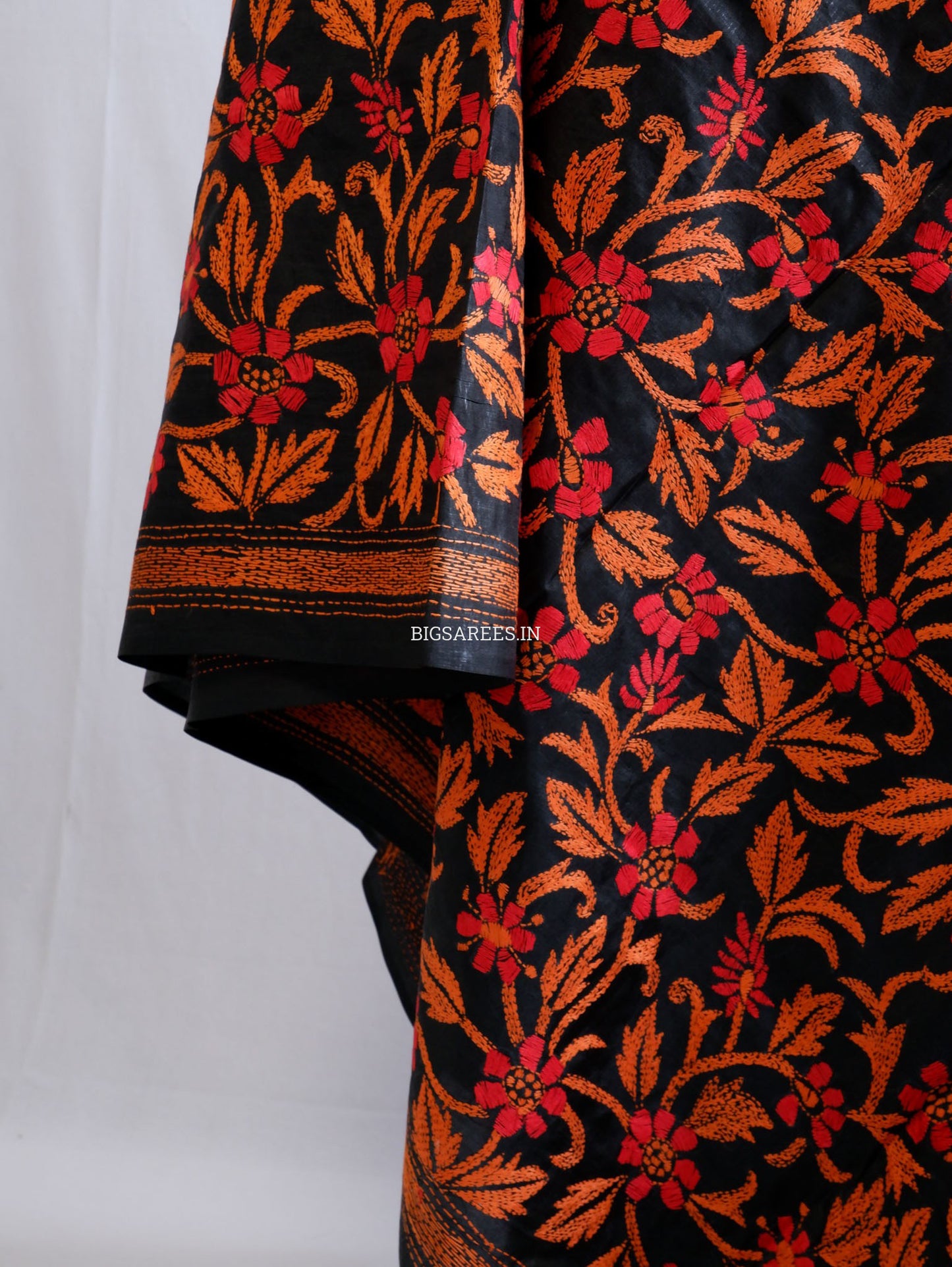 Kantha Hand-Embroidered Dupatta | Pure Bangalore Silk | Silk Marked | Black