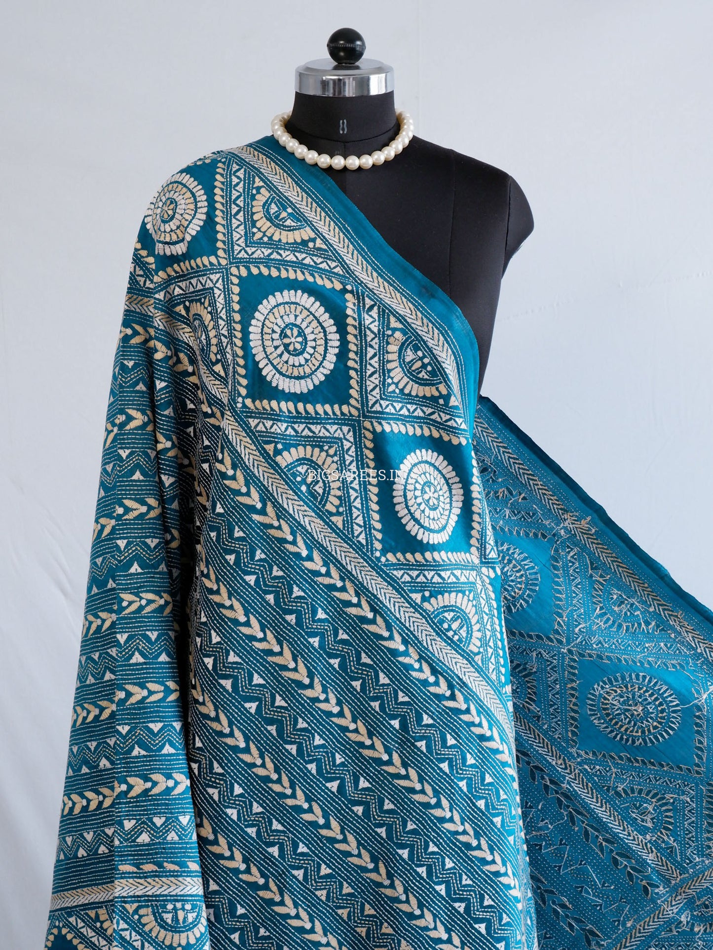 Kantha Hand-Embroidered Dupatta | Pure Bangalore Silk | Silk Marked | Rama Green