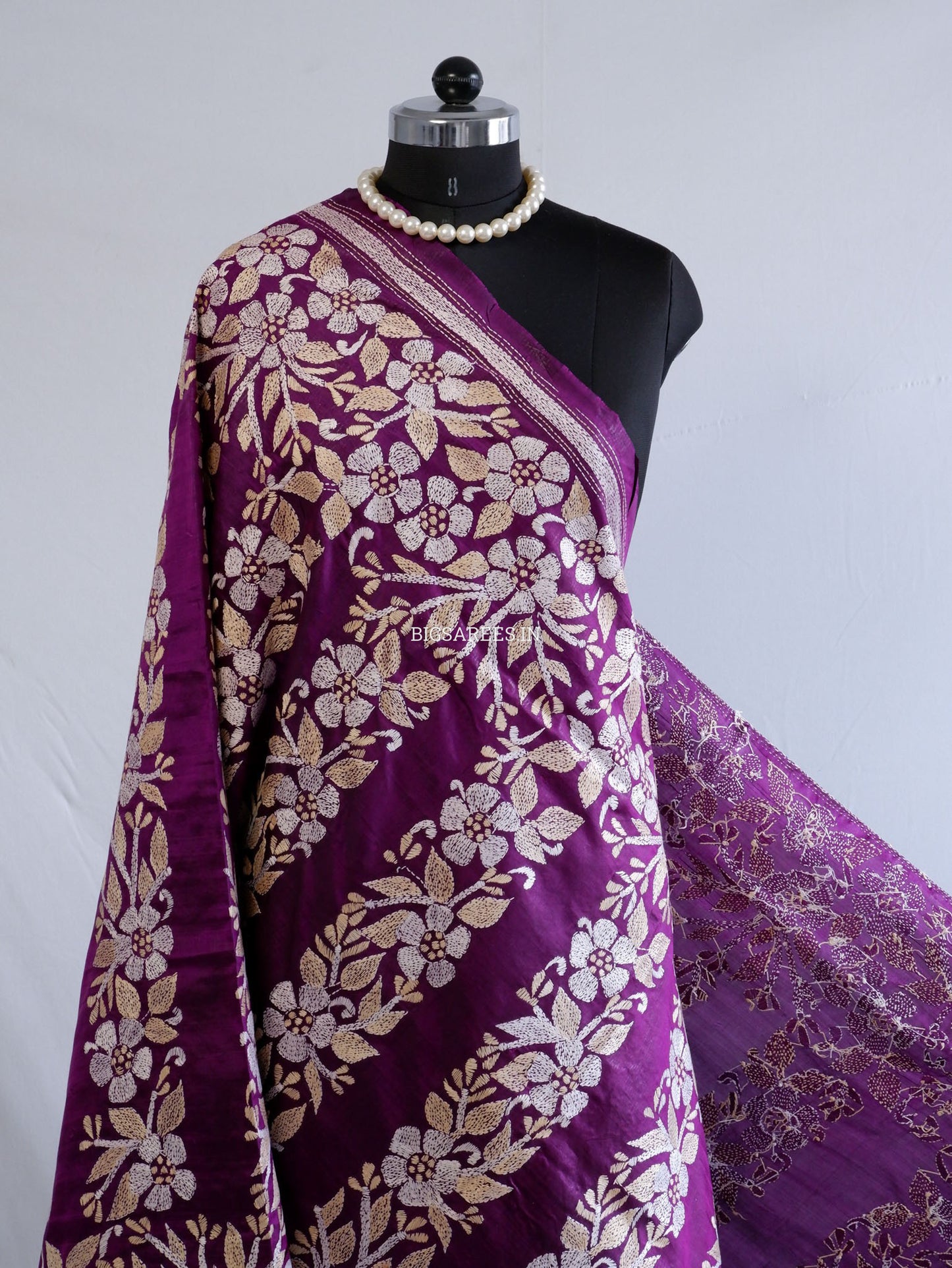 Kantha Hand-Embroidered Dupatta | Pure Bangalore Silk | Silk Marked | Purple