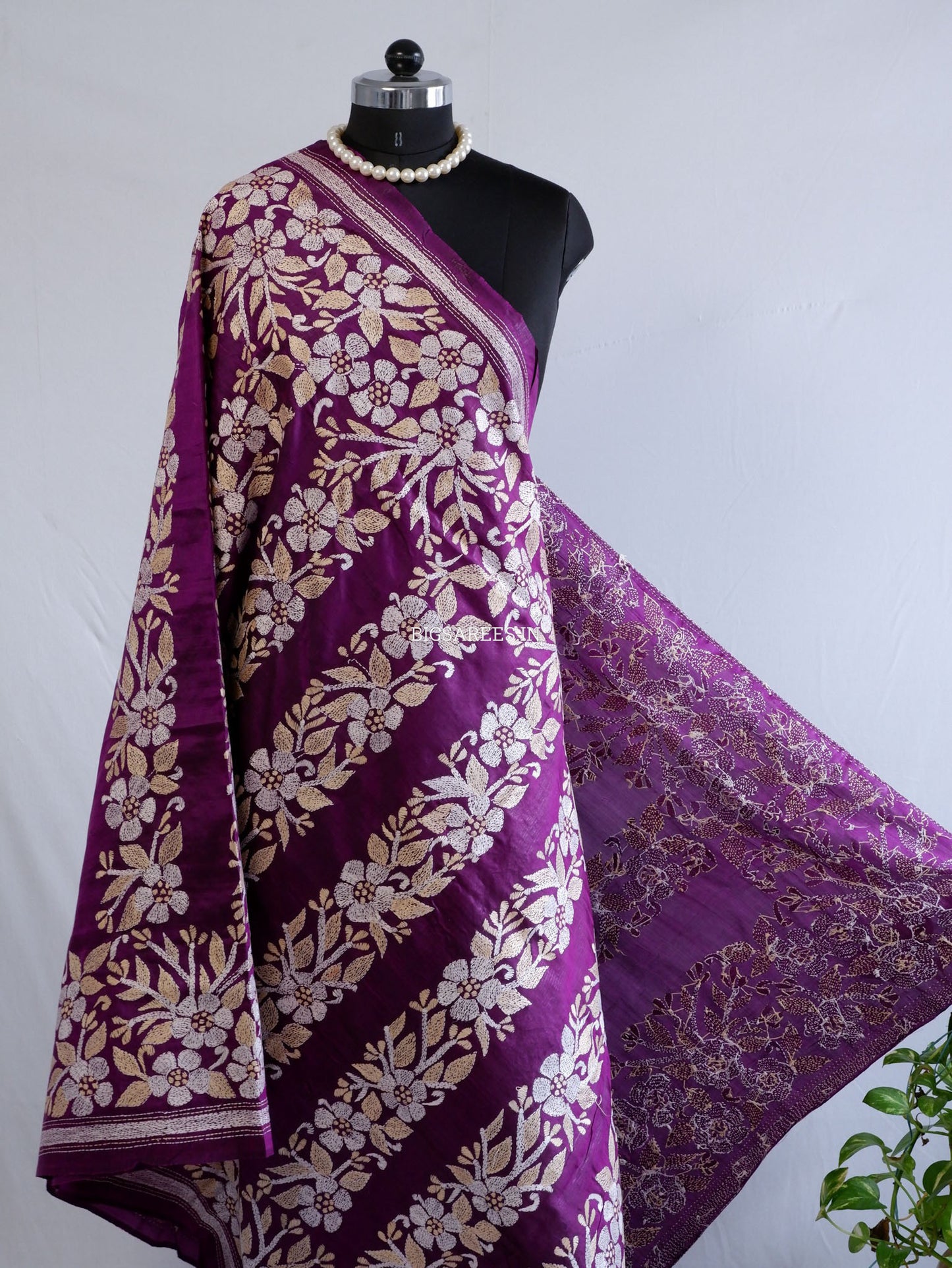 Kantha Hand-Embroidered Dupatta | Pure Bangalore Silk | Silk Marked | Purple