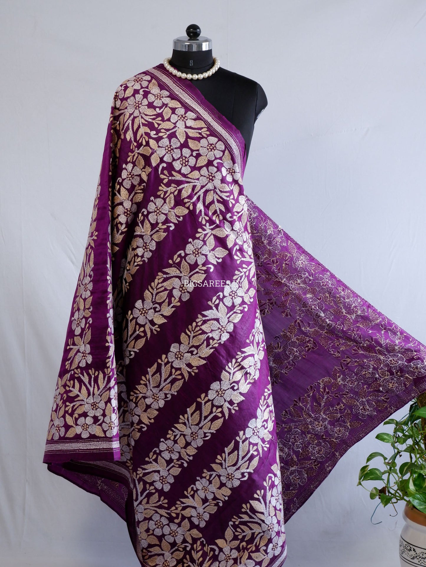 Kantha Hand-Embroidered Dupatta | Pure Bangalore Silk | Silk Marked | Purple